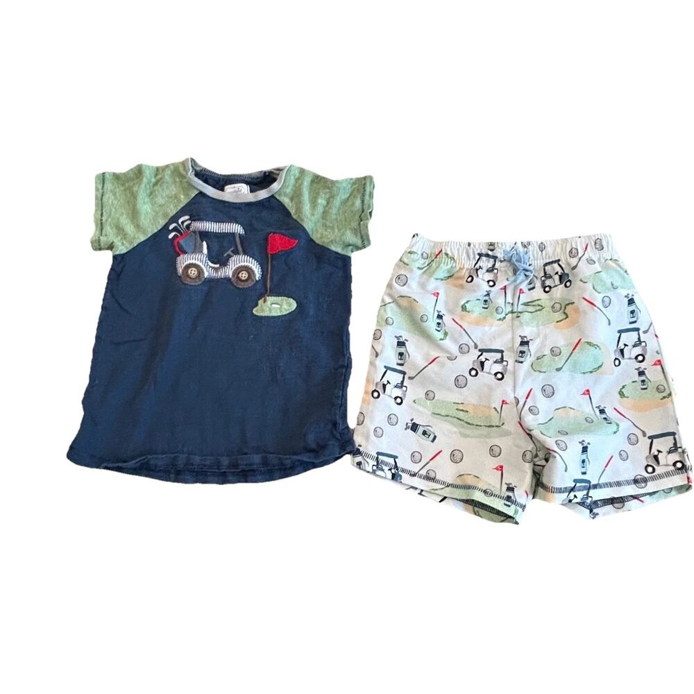 Mud Pie Baby Boy GOLF outfit Size 2T 3T Blue Tee & White Print Shorts